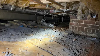 Broken semi-rigid dryer vent dumping lint onto the dirt in a Hamilton Forest Greensboro crawlspace
