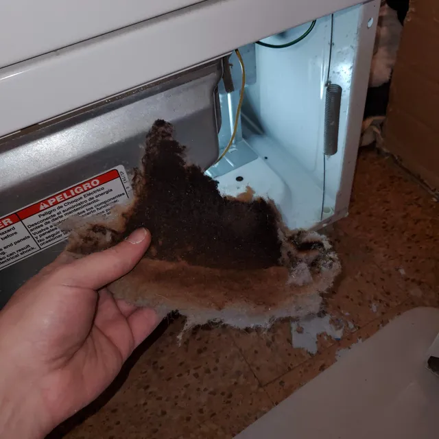 Burnt lint buildup inside a dryer near heat sources