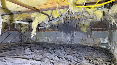 Decade of dryer lint covering a Northern Shores Greensboro crawlspace vapor barrier