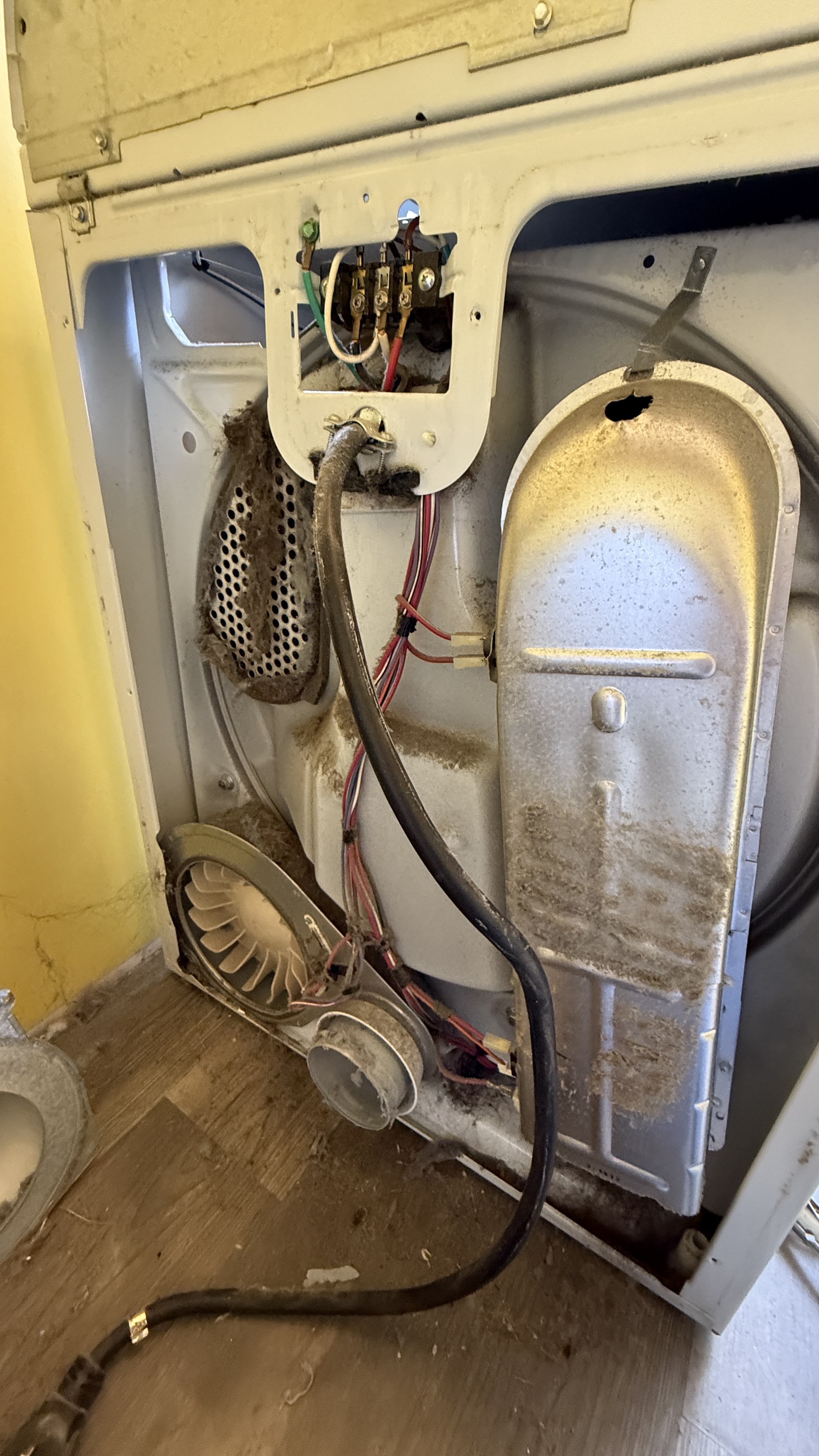 Dust and lint coating the inside of a dryer