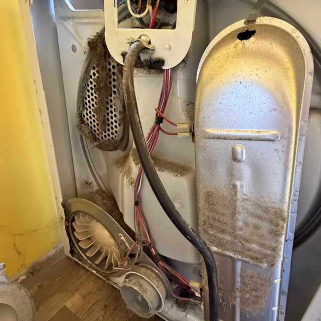 Dust and lint coating the inside of a dryer