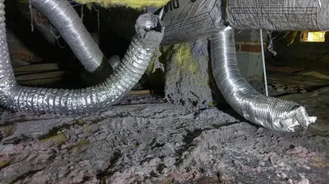 Broken flex vent with lint in crawlspace