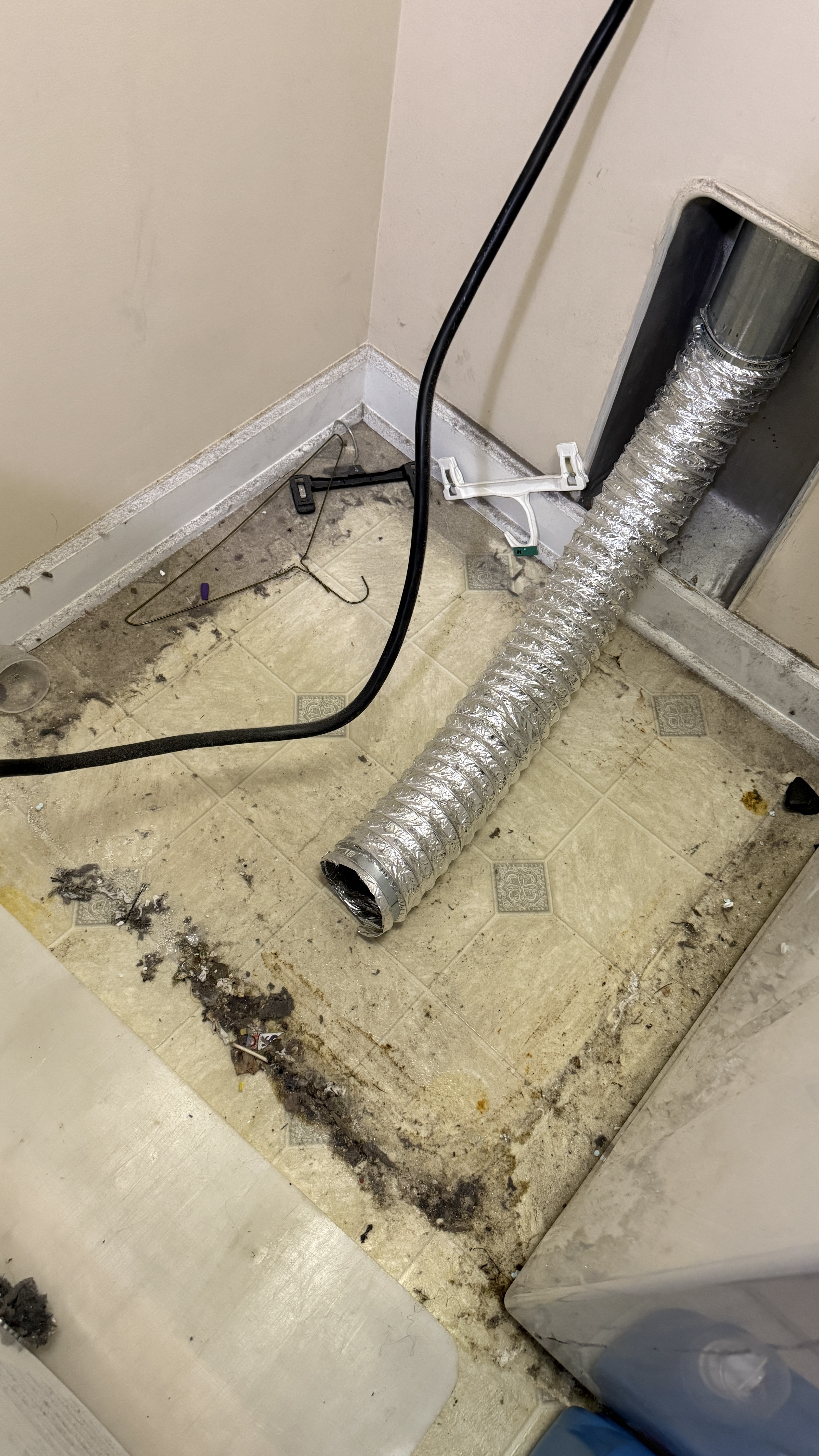 Dust and lint buildup on floor molding and laundry room floor behind a dryer