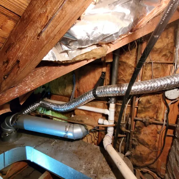 Flexible dryer vent in High Point attic