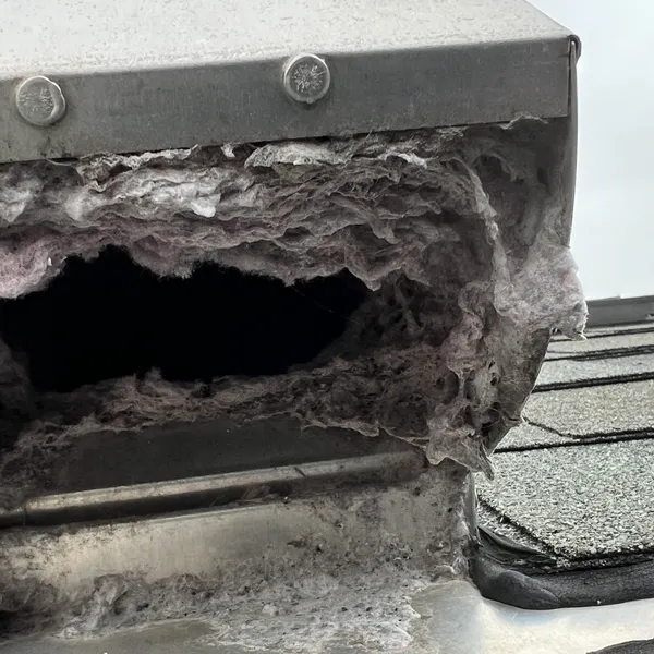 Heavy lint buildup on roof vent Stone Mill Village