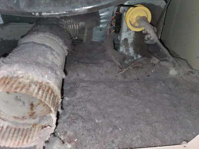 Heavy lint accumulation inside a clothes dryer cabinet