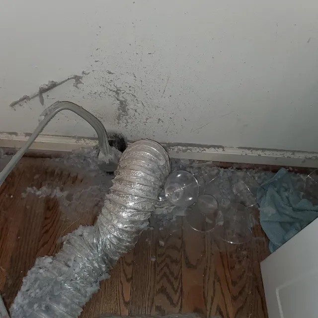 Dryer lint accumulated near the 240-volt dryer plug behind the appliance