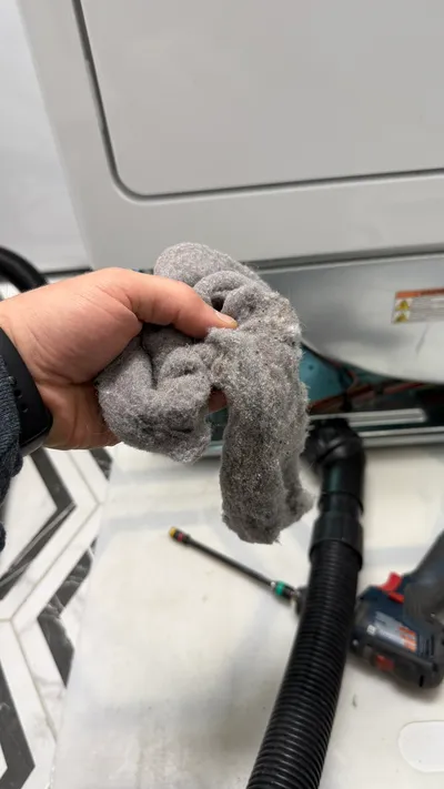Lint pulled from inside a dryer cabinet at Friendly Acres Townhomes