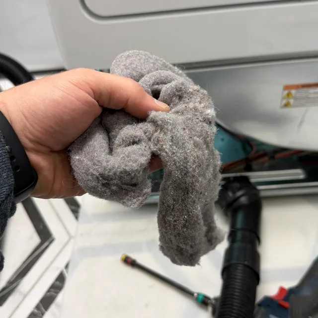 Lint pulled from inside a dryer cabinet at Friendly Acres Townhomes