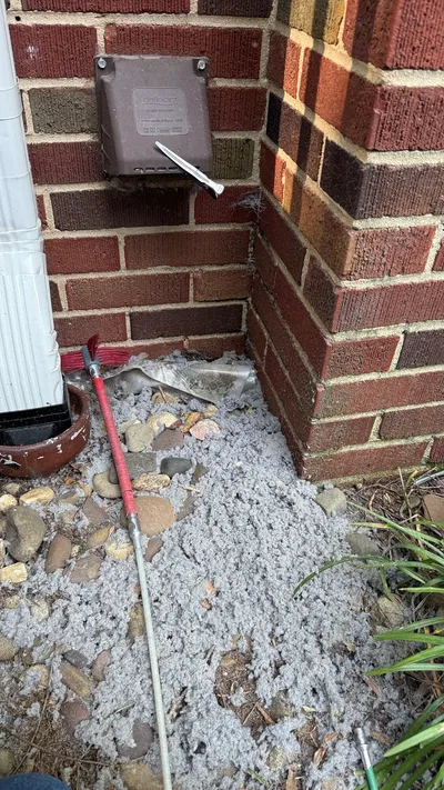 Lint pile and vent brush on river rocks under a Westerwood vent cover