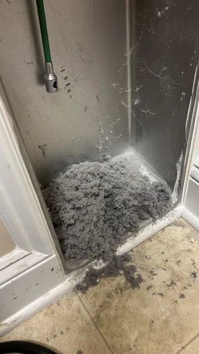 Pile of lint cleaned out of a dryer vent from inside a Mackintosh on the Lake laundry room