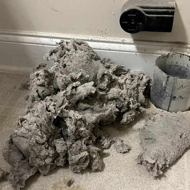 Pile of lint cleaned from a Coble Farm dryer vent inside the laundry room