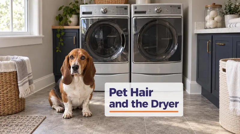 Basset hound sitting in a laundry room in front of a washer and dryer