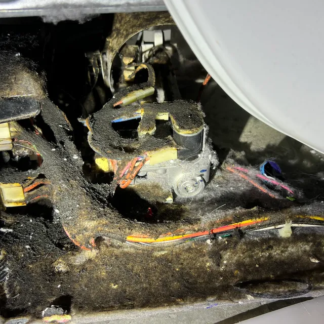 Lint fire damage inside a Speed Queen dryer cabinet